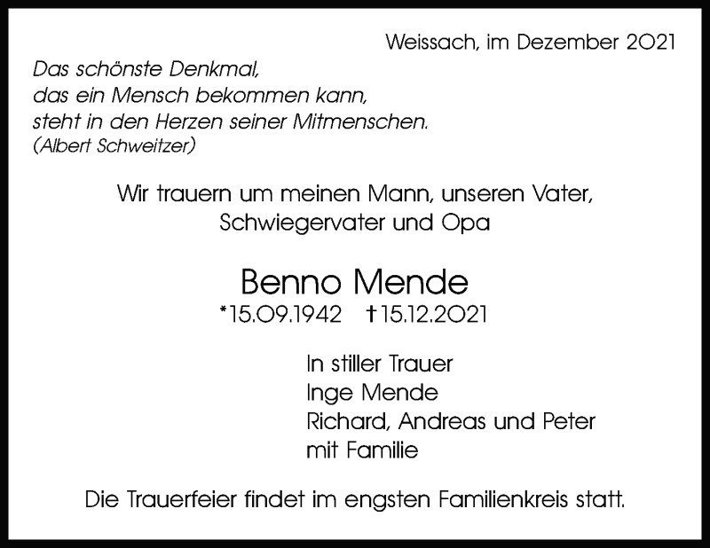  Traueranzeige für Benno Mende vom 18.12.2021 aus Leonberger Kreiszeitung / Strohgäu Extra