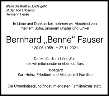 Traueranzeige von Bernhard  Fauser von Leonberger Kreiszeitung / Strohgäu Extra