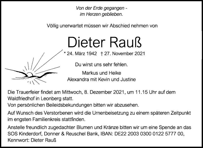  Traueranzeige für Dieter Rauß vom 04.12.2021 aus Leonberger Kreiszeitung / Strohgäu Extra