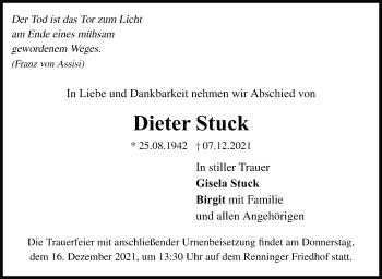 Traueranzeige von Dieter Stuck von Leonberger Kreiszeitung / Strohgäu Extra