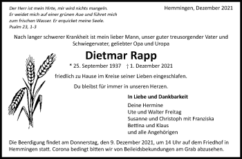 Traueranzeige von Dietmar Rapp von Leonberger Kreiszeitung / Strohgäu Extra