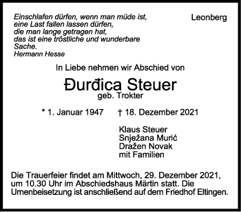 Traueranzeige von Durdica Steuer von Leonberger Kreiszeitung / Strohgäu Extra