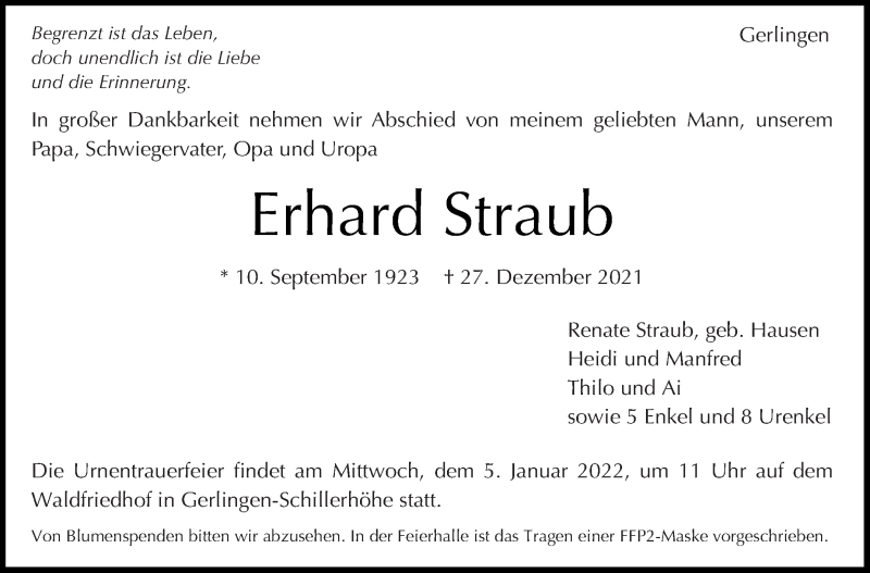  Traueranzeige für Erhard Straub vom 30.12.2021 aus Leonberger Kreiszeitung / Strohgäu Extra