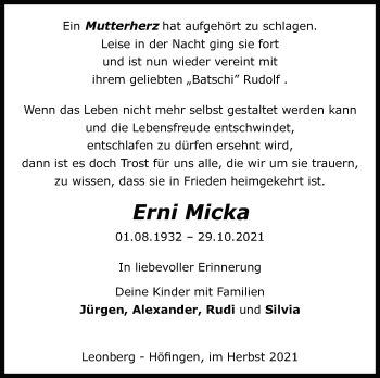 Traueranzeige von Erni Micka von Leonberger Kreiszeitung / Strohgäu Extra