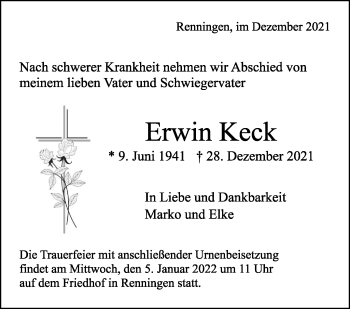 Traueranzeige von Erwin Keck von Leonberger Kreiszeitung / Strohgäu Extra