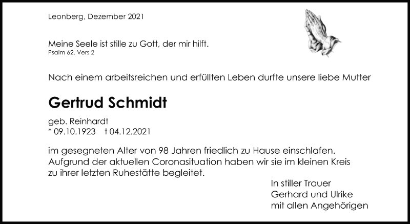  Traueranzeige für Gertrud Schmidt vom 16.12.2021 aus Leonberger Kreiszeitung / Strohgäu Extra