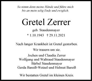 Traueranzeige von Gretel Zerrer von Leonberger Kreiszeitung / Strohgäu Extra