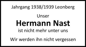 Traueranzeige von Hermann Nast von Leonberger Kreiszeitung / Strohgäu Extra