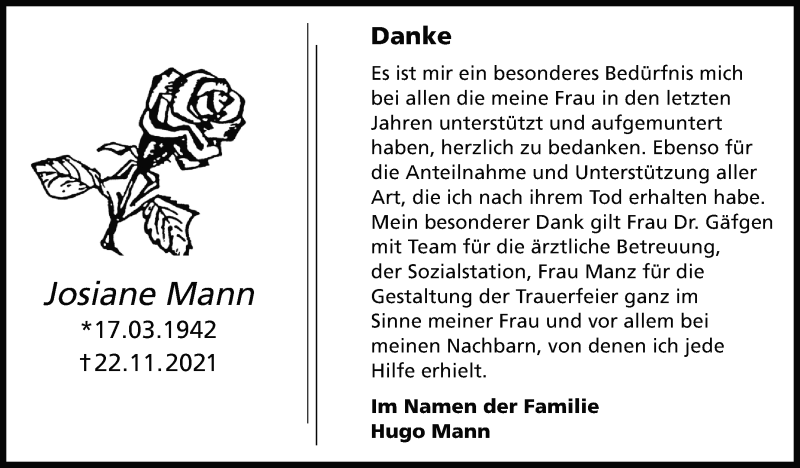  Traueranzeige für Josiane Mann vom 20.12.2021 aus Leonberger Kreiszeitung / Strohgäu Extra