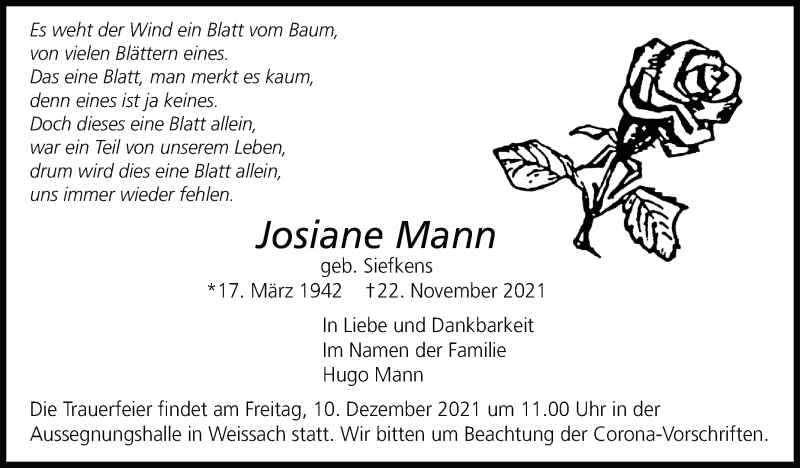  Traueranzeige für Josiane Mann vom 07.12.2021 aus Leonberger Kreiszeitung / Strohgäu Extra
