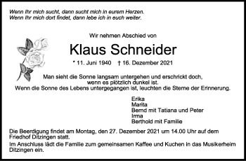Traueranzeige von Klaus Schneider von Leonberger Kreiszeitung / Strohgäu Extra