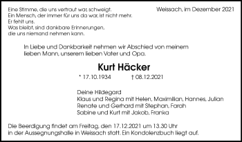 Traueranzeige von Kurt Häcker von Leonberger Kreiszeitung / Strohgäu Extra