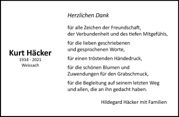 Traueranzeige von Kurt Häcker von Leonberger Kreiszeitung / Strohgäu Extra