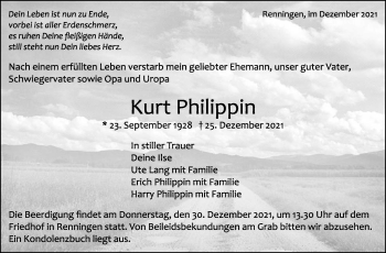 Traueranzeige von Kurt Philippin von Leonberger Kreiszeitung / Strohgäu Extra