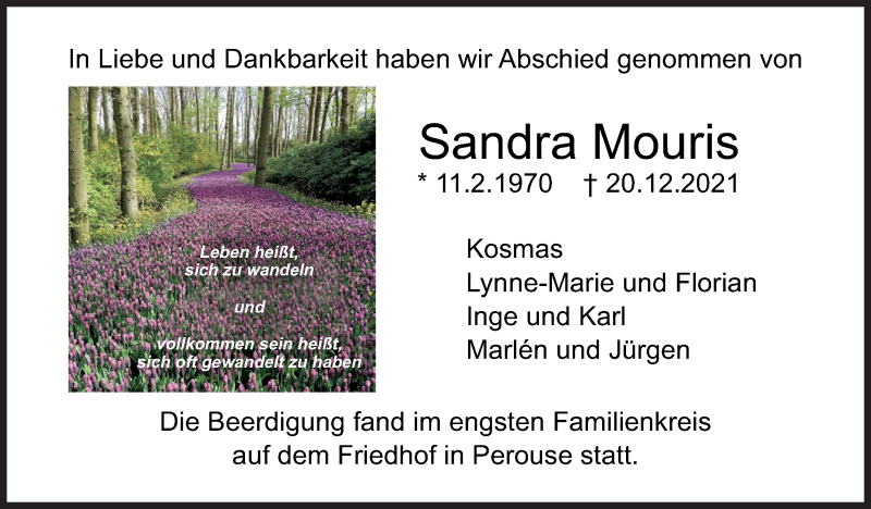  Traueranzeige für Sandra Mouris vom 29.12.2021 aus Leonberger Kreiszeitung / Strohgäu Extra