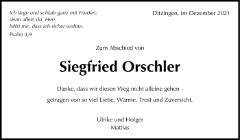 Traueranzeige von Siegfried Orschler von Leonberger Kreiszeitung / Strohgäu Extra