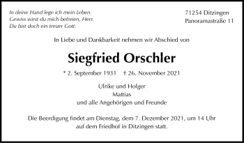 Traueranzeige von Siegfried Orschler von Leonberger Kreiszeitung / Strohgäu Extra