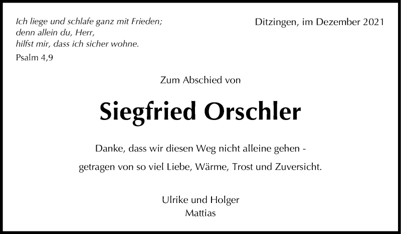  Traueranzeige für Siegfried Orschler vom 16.12.2021 aus Leonberger Kreiszeitung / Strohgäu Extra