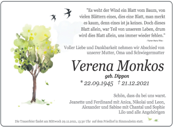 Traueranzeige von Verena Monkos von Leonberger Kreiszeitung / Strohgäu Extra