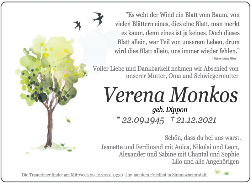  Traueranzeige für Verena Monkos vom 23.12.2021 aus Leonberger Kreiszeitung / Strohgäu Extra