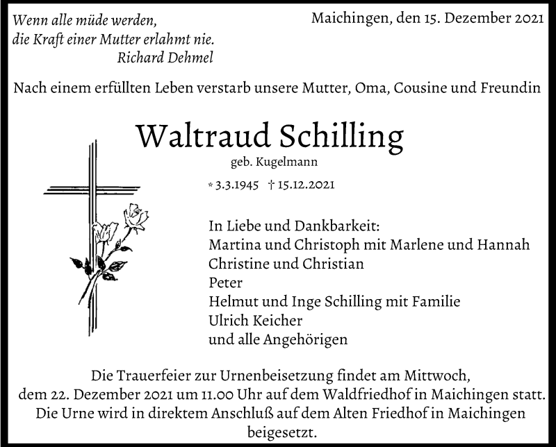 Traueranzeige für Waltraud Schilling vom 21.12.2021 aus Leonberger Kreiszeitung / Strohgäu Extra