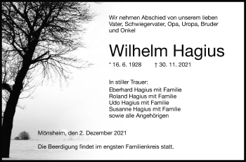 Traueranzeige von Wilhelm Hagius von Leonberger Kreiszeitung / Strohgäu Extra