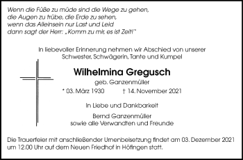 Traueranzeige von Wilhelmina Gregusch von Leonberger Kreiszeitung / Strohgäu Extra