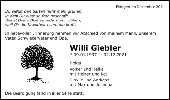 Traueranzeige von Willi Giebler von Leonberger Kreiszeitung / Strohgäu Extra