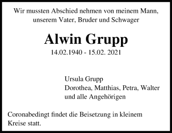 Traueranzeige von Alwin Grupp von Leonberger Kreiszeitung / Strohgäu Extra