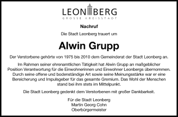 Traueranzeige von Alwin Grupp von Leonberger Kreiszeitung / Strohgäu Extra