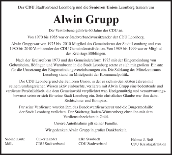 Traueranzeige von Alwin Grupp von Leonberger Kreiszeitung / Strohgäu Extra