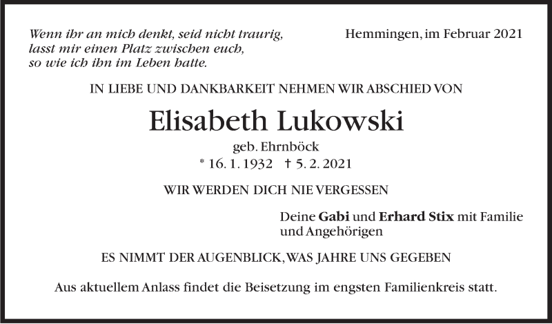  Traueranzeige für Elisabeth Lukowski vom 20.02.2021 aus Leonberger Kreiszeitung / Strohgäu Extra