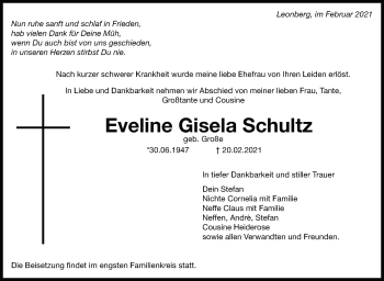 Traueranzeige von Eveline Gisela Schultz von Leonberger Kreiszeitung / Strohgäu Extra