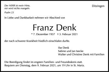 Traueranzeige von Franz Denk von Leonberger Kreiszeitung / Strohgäu Extra