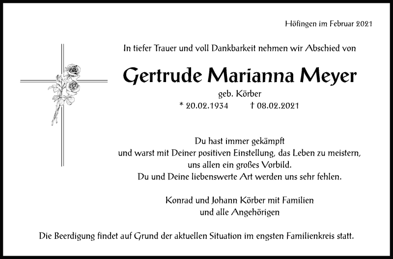  Traueranzeige für Gertrude Marianna Meyer vom 13.02.2021 aus Leonberger Kreiszeitung / Strohgäu Extra