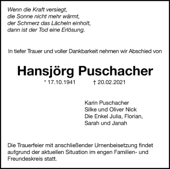 Traueranzeige von Hansjörg Puschacher von Leonberger Kreiszeitung / Strohgäu Extra