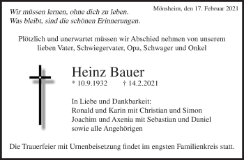 Traueranzeige von Heinz Bauer von Leonberger Kreiszeitung / Strohgäu Extra