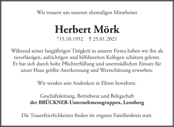 Traueranzeige von Herbert Mörk von Leonberger Kreiszeitung / Strohgäu Extra