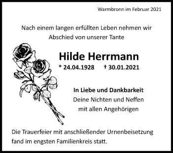 Traueranzeige von Hilde Herrmann von Leonberger Kreiszeitung / Strohgäu Extra