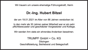 Traueranzeige von Hubert Bitzel von Leonberger Kreiszeitung / Strohgäu Extra