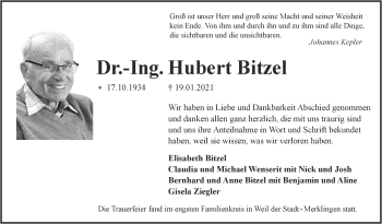 Traueranzeige von Hubert Bitzel von Leonberger Kreiszeitung / Strohgäu Extra