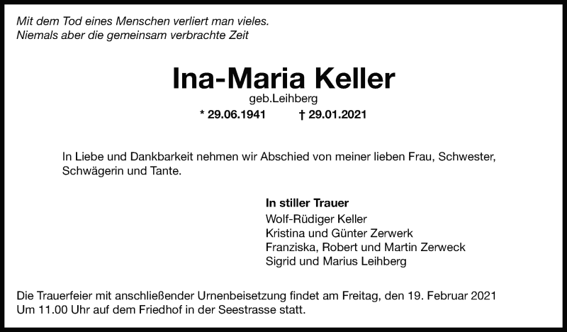  Traueranzeige für Ina-Maria Keller vom 05.02.2021 aus Leonberger Kreiszeitung / Strohgäu Extra
