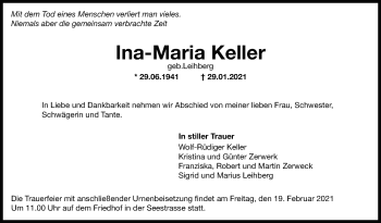 Traueranzeige von Ina-Maria Keller von Leonberger Kreiszeitung / Strohgäu Extra