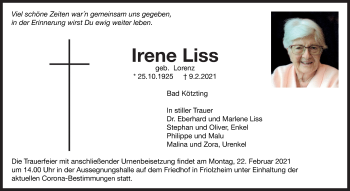 Traueranzeige von Irene Liss von Leonberger Kreiszeitung / Strohgäu Extra