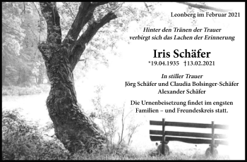 Traueranzeige von Iris Schäfer von Leonberger Kreiszeitung / Strohgäu Extra