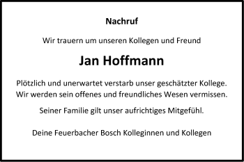 Traueranzeige von Jan Hoffmann von Leonberger Kreiszeitung / Strohgäu Extra