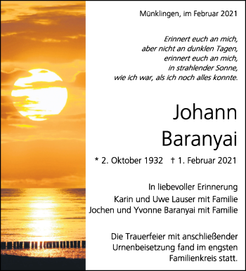 Traueranzeige von Johann Baranyai von Leonberger Kreiszeitung / Strohgäu Extra