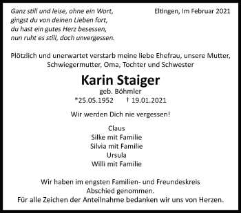 Traueranzeige von Karin Staiger von Leonberger Kreiszeitung / Strohgäu Extra