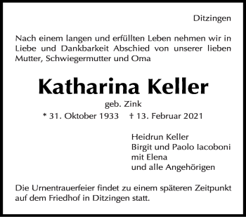 Traueranzeige von Katharina Keller von Leonberger Kreiszeitung / Strohgäu Extra