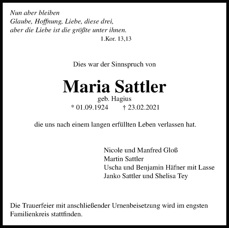  Traueranzeige für Maria Sattler vom 27.02.2021 aus Leonberger Kreiszeitung / Strohgäu Extra